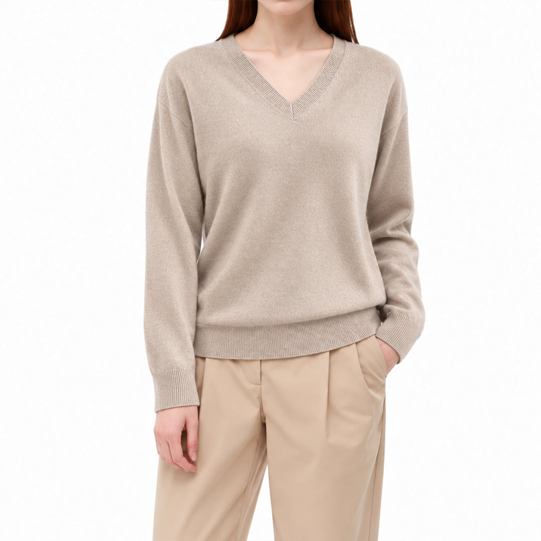 Women's relaxed fit beige V-neck knit sweater