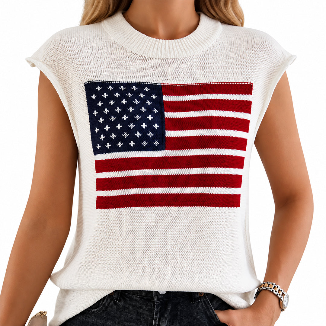 Cream sleeveless knit sweater vest with American flag chest graphic