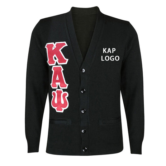 Black custom fraternity cardigan with large red and white Greek letters 'KAΨ' on the left side and 'KAP LOGO' on the right chest area, featuring a button-down front.