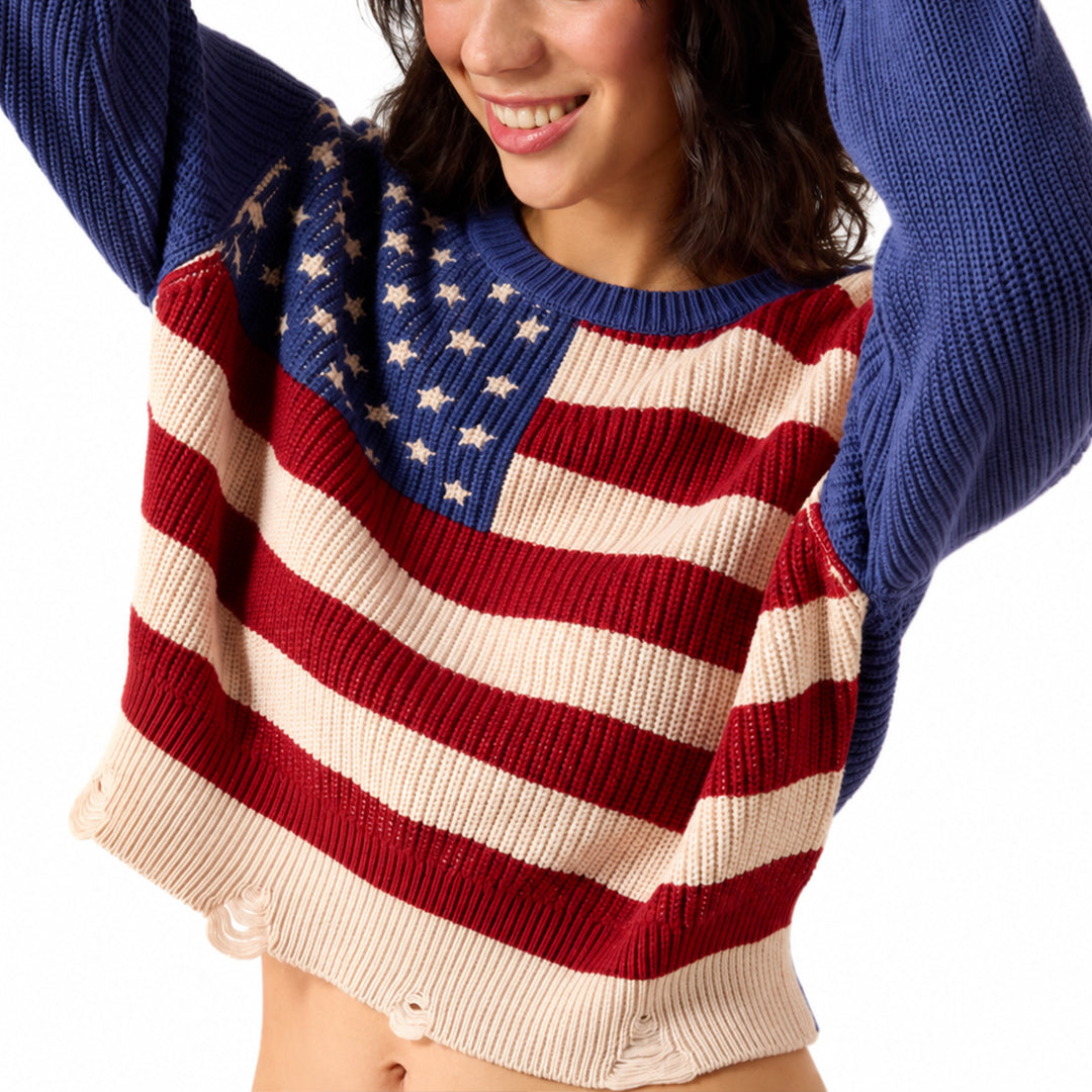 American flag knit pullover sweater with red and white stripes and star pattern, front view