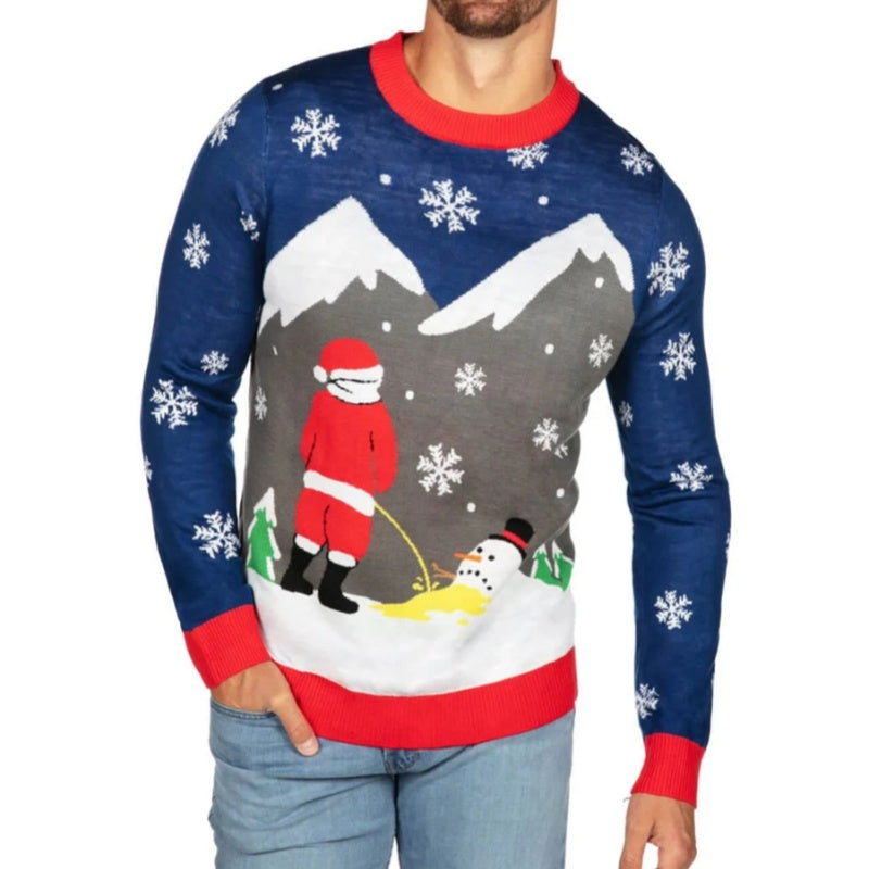 Front view of a custom 100% cotton cheeky Christmas sweater featuring Santa in a humorous scene with a snowman, surrounded by snowflakes and mountain scenery.