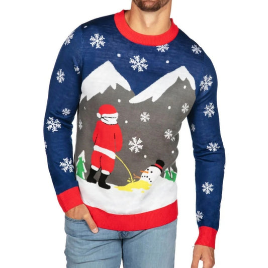 Front view of a custom 100% cotton cheeky Christmas sweater featuring Santa in a humorous scene with a snowman, surrounded by snowflakes and mountain scenery.