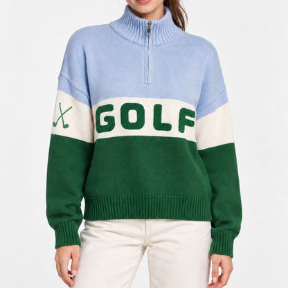 Golf knit pullover with blue white green colour blocking and chest lettering