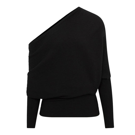 Front view of black off-shoulder pullover sweater with an asymmetric neckline.