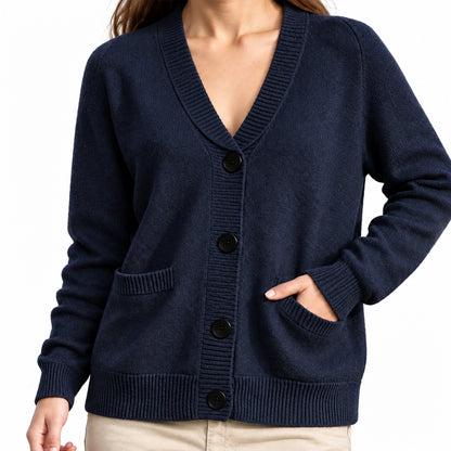 Navy V-neck knit cardigan with front pockets