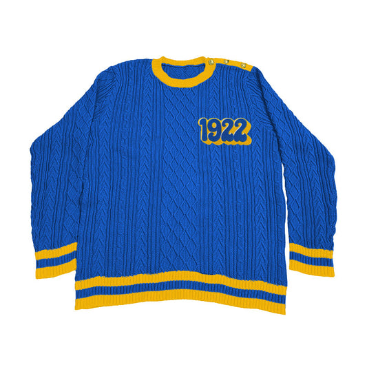 Custom Sigma Gamma Rho sweater in royal blue and gold with “1922” embroidery, made by a professional sweater manufacturer for Greek life and organization apparel.