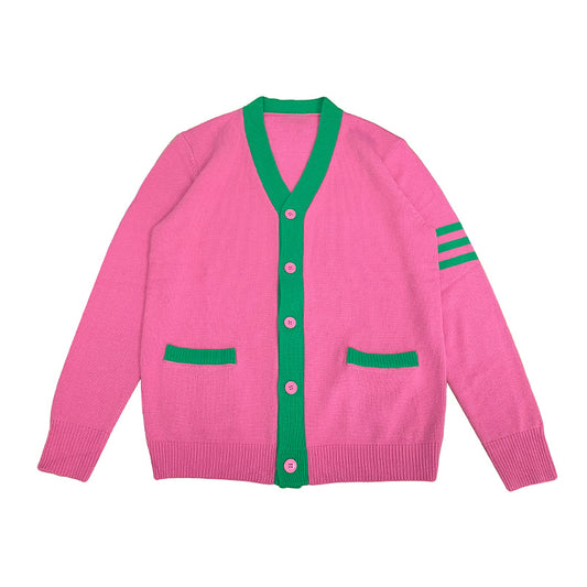Pink and green custom sorority cardigan – OEM letter knitwear for Greek organizations