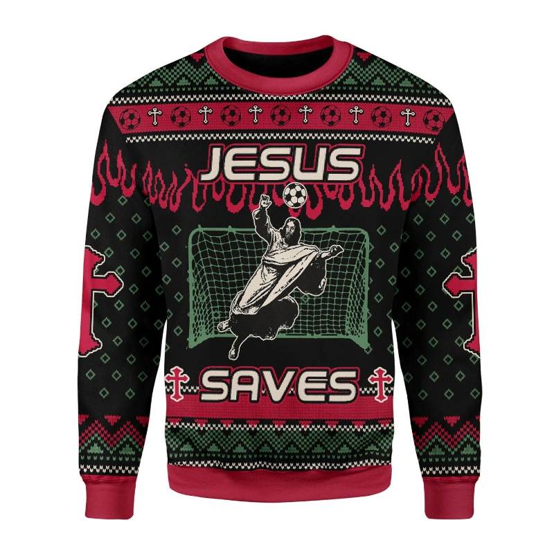 Custom 100% Cotton Christmas Sweater with Soccer Goalkeeper Jesus Saves Design