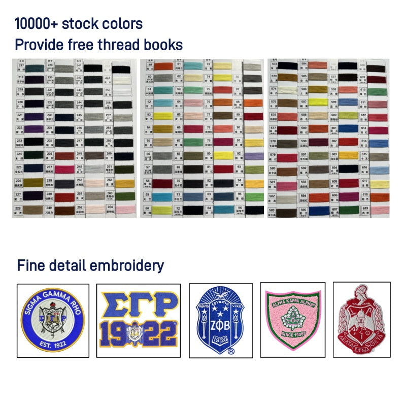 Thread color samples and fine detail embroidery options for custom letter sweater cardigans.