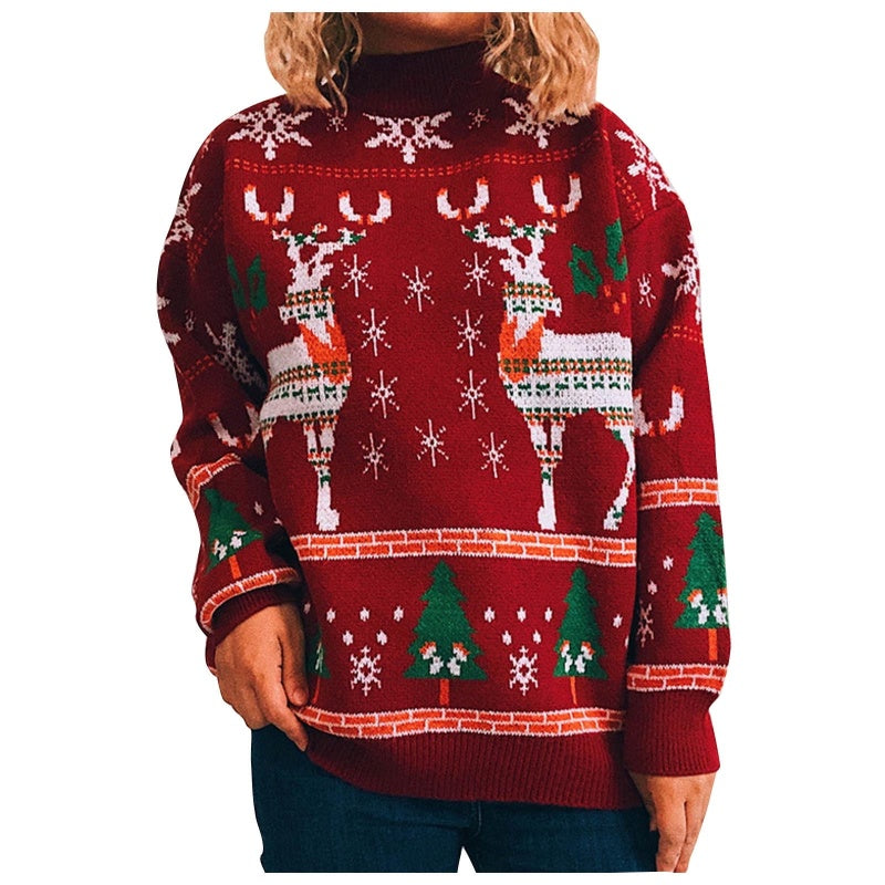 Front view of a person wearing a custom high-quality cashmere sweater with a festive reindeer design, showcasing intricate details and vibrant holiday colors.