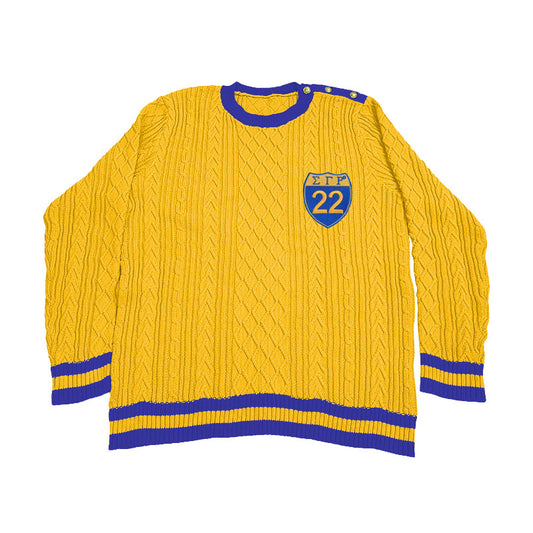 Custom Sigma Gamma Rho sweater in gold with blue shield and “22” embroidery – ideal for Greek life, sororities, and group apparel. Designed by an experienced sweater manufacturer specializing in custom organization knitwear.