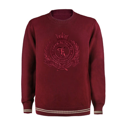 Maroon custom fraternity knit sweater with embroidered fraternity logo. Bulk orders for Greek organizations available