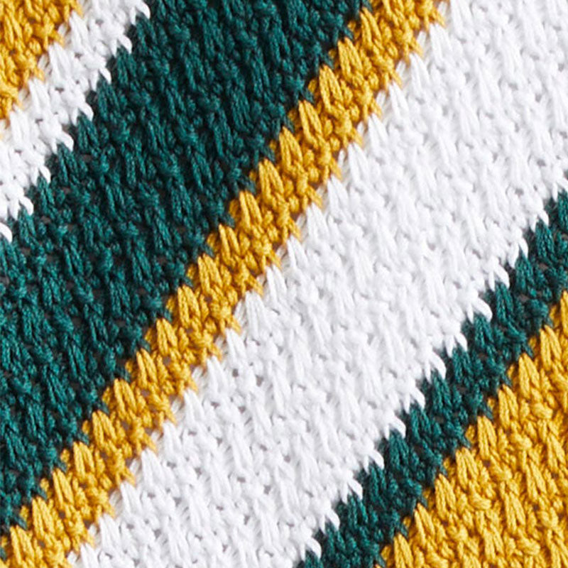 Close-up of the knit fabric pattern on a custom stripe cardigan with green, mustard, and white stripes.