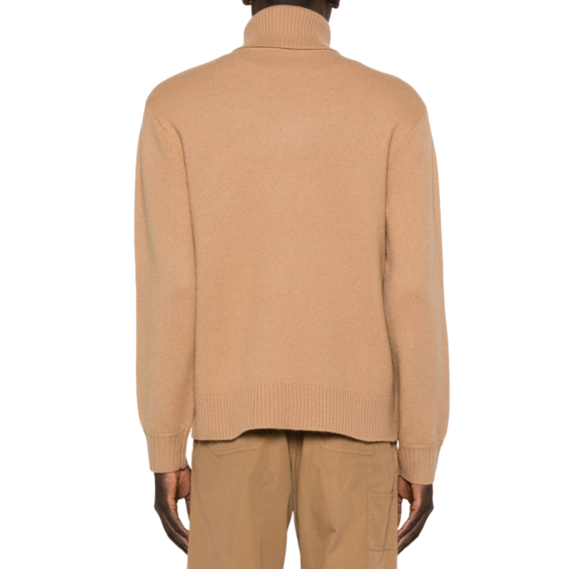 Back view of a beige 100% cashmere turtleneck sweater with ribbed hem and cuffs, suitable for custom logo embroidery.