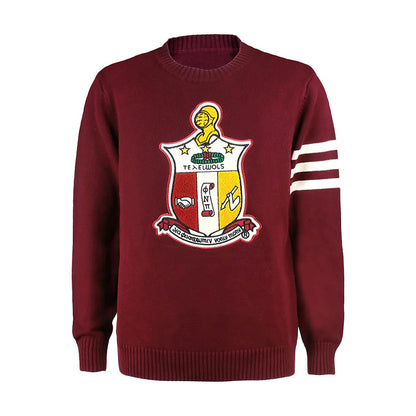 Maroon fraternity knit sweater with embroidered shield and white sleeve stripes. Designed for Greek organizations and bulk orders
