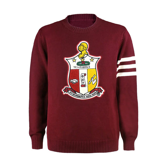 Maroon fraternity knit sweater with embroidered shield and white sleeve stripes. Designed for Greek organizations and bulk orders