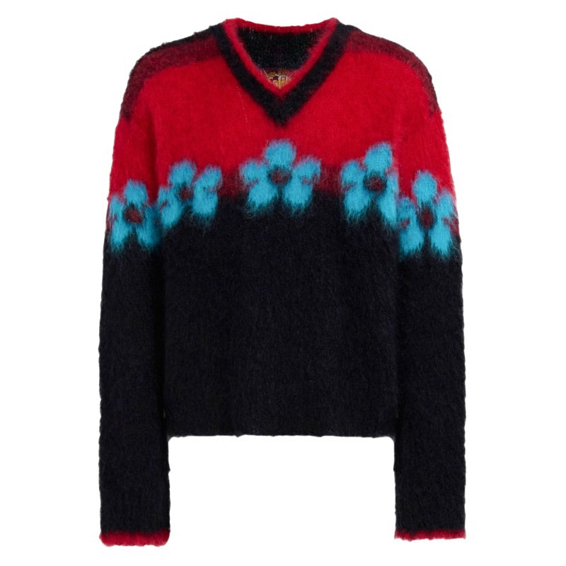 Wholesale Custom Man Knitwear Floral Pattern V-neck Boho-Chic Vintage Mohair