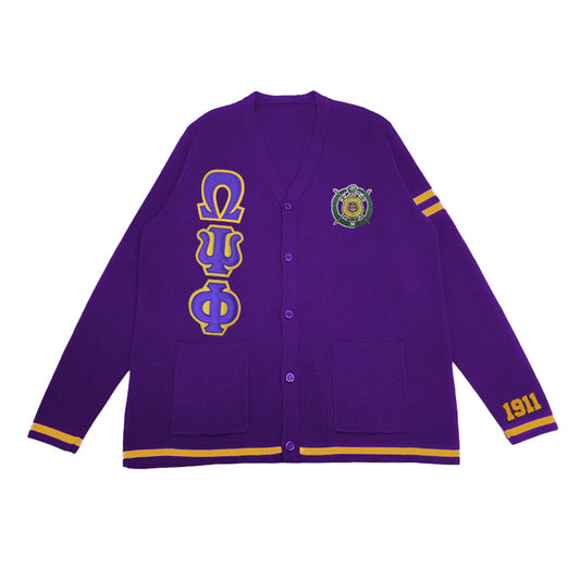 Custom Omega Psi Phi cardigan with embroidered Greek letters and crest, perfect for fraternity wear. Personalized letter cardigans for Greek life organizations and group events