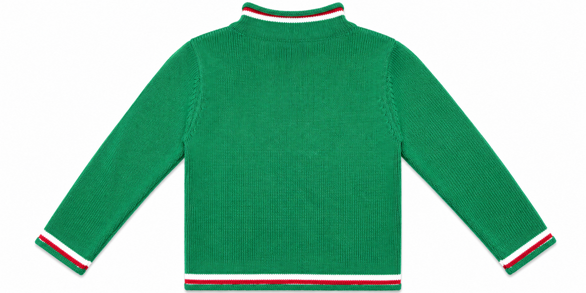 Plain green kids' knit pullover, back view.