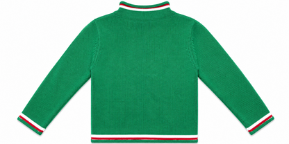 Plain green kids' knit pullover, back view.