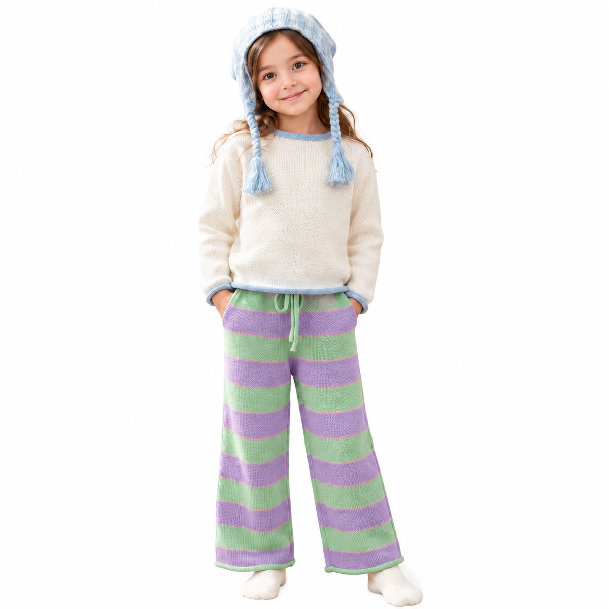 Child wearing an ivory knit sweater with colorful striped pants.