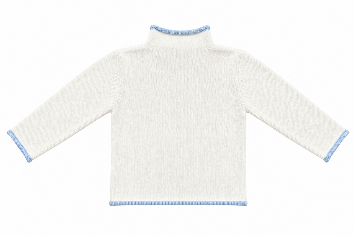 Back view of an ivory kids' knit pullover sweater.