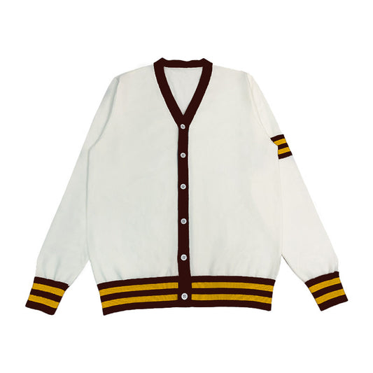 Personalized varsity cardigan in white with brown and yellow stripes, designed for team and group customization