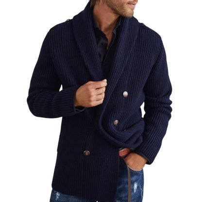 Wholesale Custom Men Sweater Wool Blend Ribbed Knit Cardigan Double Breasted Shawl Collar Chic Sweater