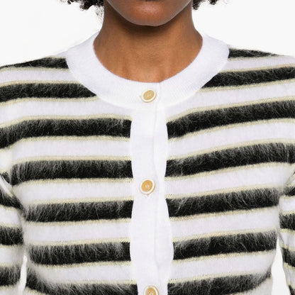 Close-up front view of a black and white striped mohair wool blend women's knit sweater with button-down closure, highlighting the neckline and buttons.