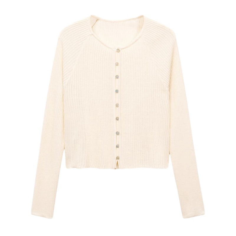 Light beige acrylic knit sweater with ribbed texture and button-down front, displayed on a plain background.