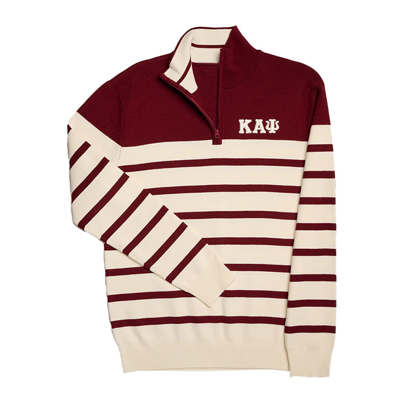 A maroon and white striped custom Greek knit sweater with the text 'KAΨ' on the left chest.