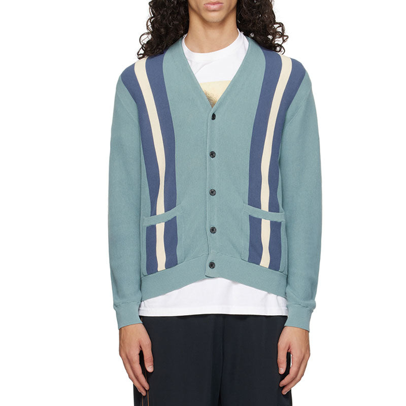 Front view of custom OEM/ODM men's cardigan sweater with V-neck and two front pockets