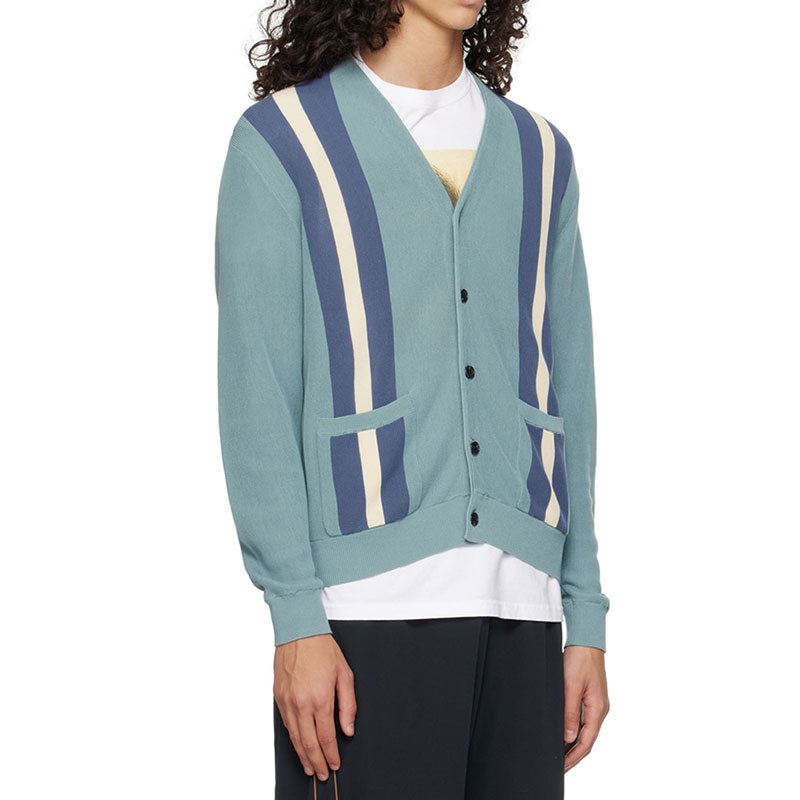 Side view of custom knit men's cardigan sweater with stylish design and front pockets