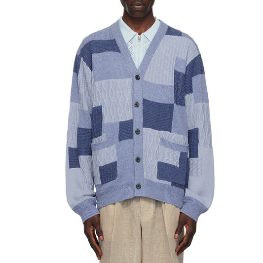 Front view of custom wool blend men's knit cardigan sweater with blue patchwork and V-neck