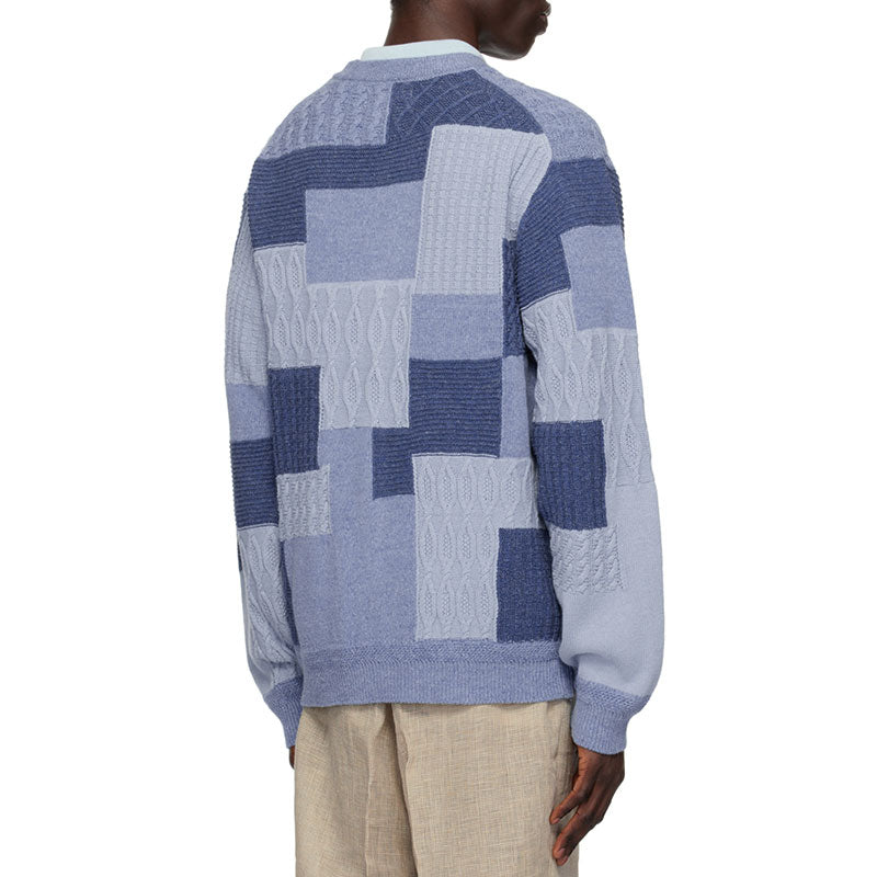 Back view of OEM/ODM men's blue patchwork knit cardigan sweater