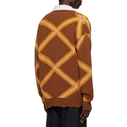 Back view of a custom OEM/ODM men's cotton blend knit cardigan sweater featuring rhombic pattern