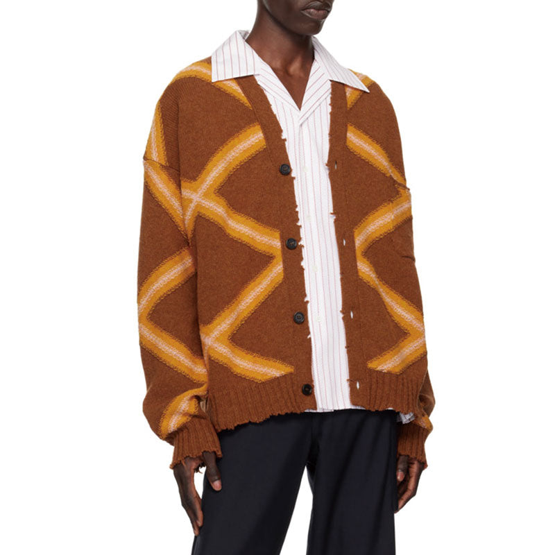 Front view of a custom men's cotton blend knit cardigan sweater with rhombic design and V neck