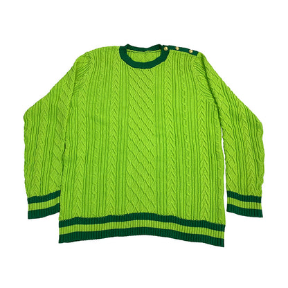 Bright green custom Greek sweater with dark green trims and button detail – ideal for sorority or fraternity group orders