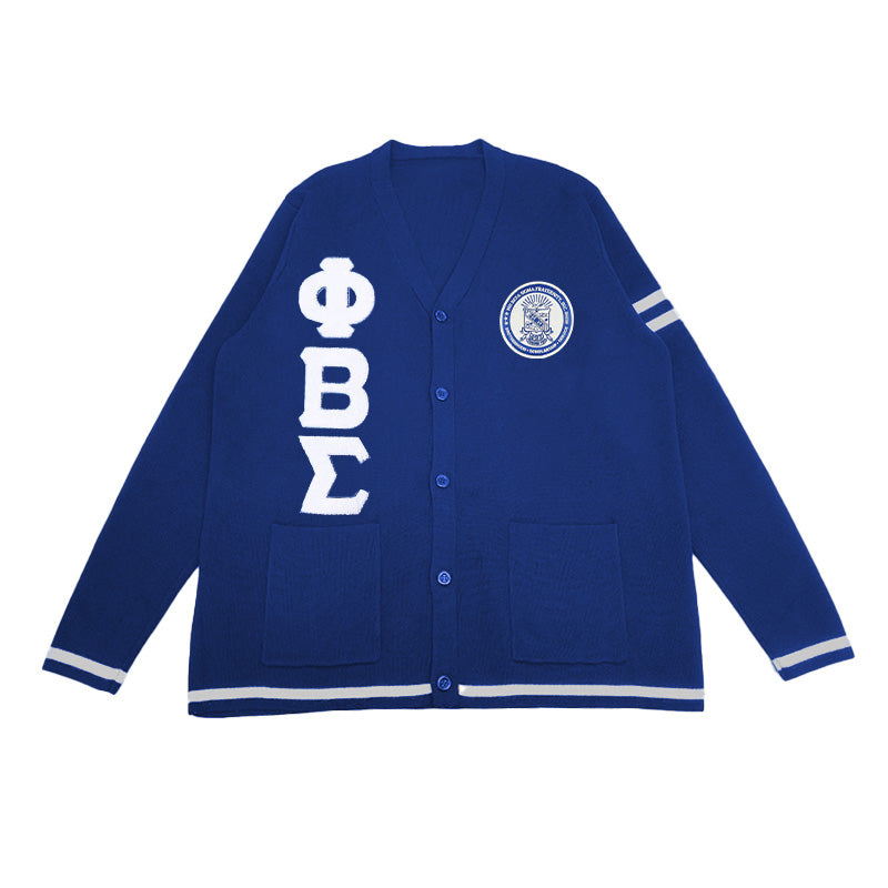 Custom Phi Beta Sigma cardigan with embroidered Greek letters and crest, ideal for fraternity wear. Personalized letter cardigans for Greek life organizations and group events