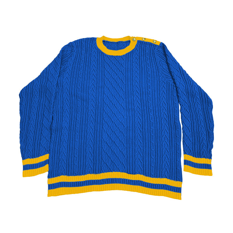 Royal blue and gold cable knit sweater – classic custom Greek life sweater for fraternity or campus wear