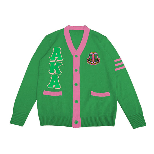 AKA sorority cardigan in vibrant green and pink, designed with large embroidered letters and the official Alpha Kappa Alpha crest, perfect for team customization and events