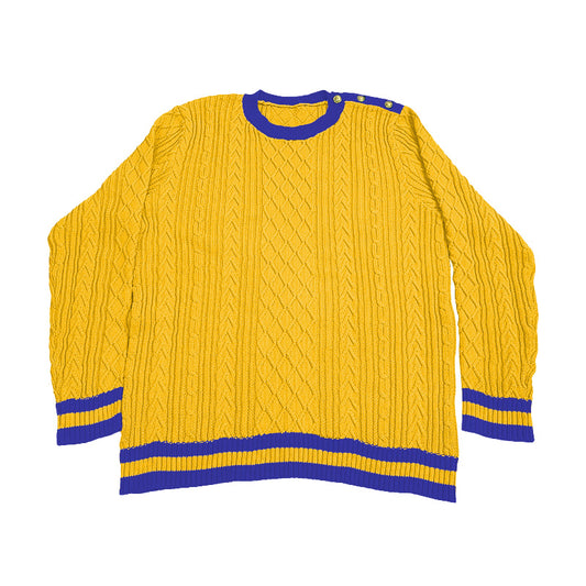 Yellow sweater with blue trim and Greek letter customization option – bold choice for university or club outfits