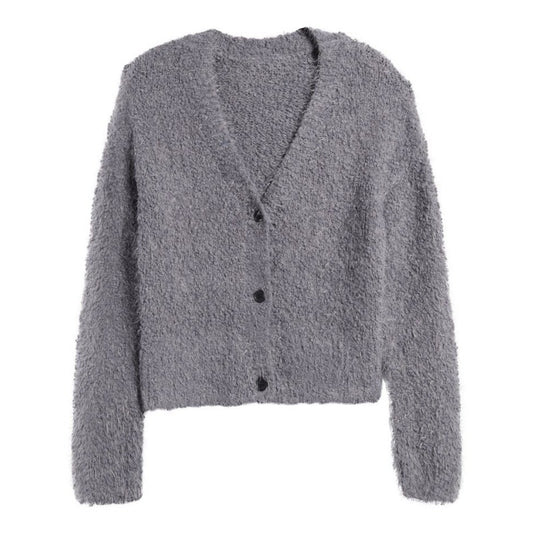 Gray boucle knit cardigan with a fuzzy texture and front button closures, displayed on a plain background.