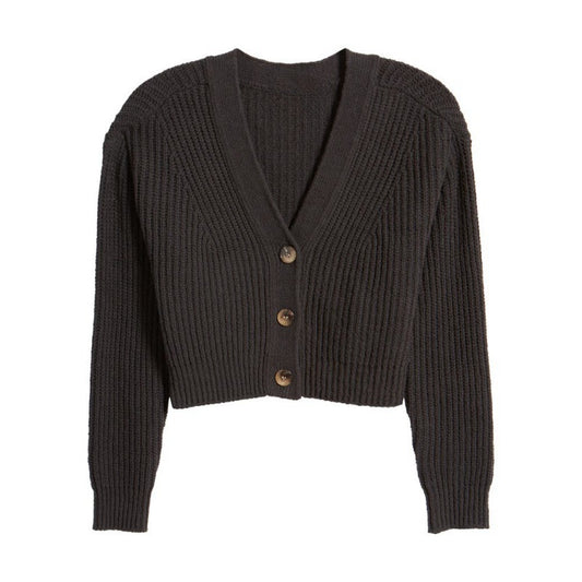 Black crop rib cardigan with V-neck and front button closures, displayed on a plain background.