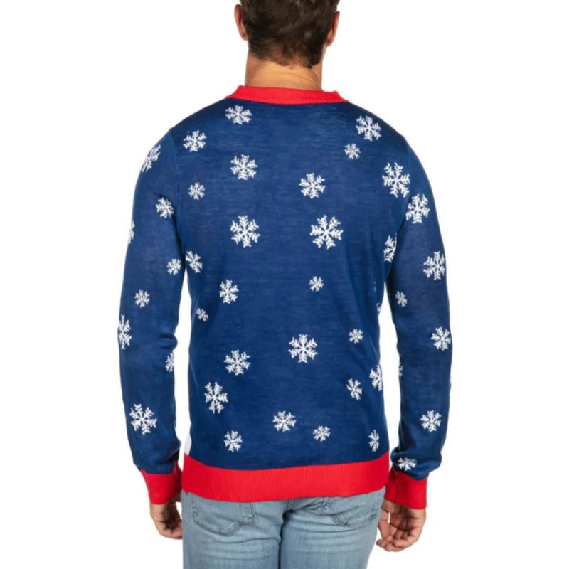 Back view of a blue Christmas sweater with white snowflakes and red accents, featuring a simple winter-themed design.