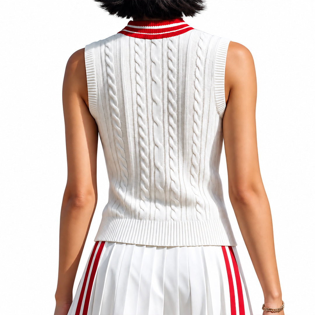 Back view of a white sleeveless knit top with red trim