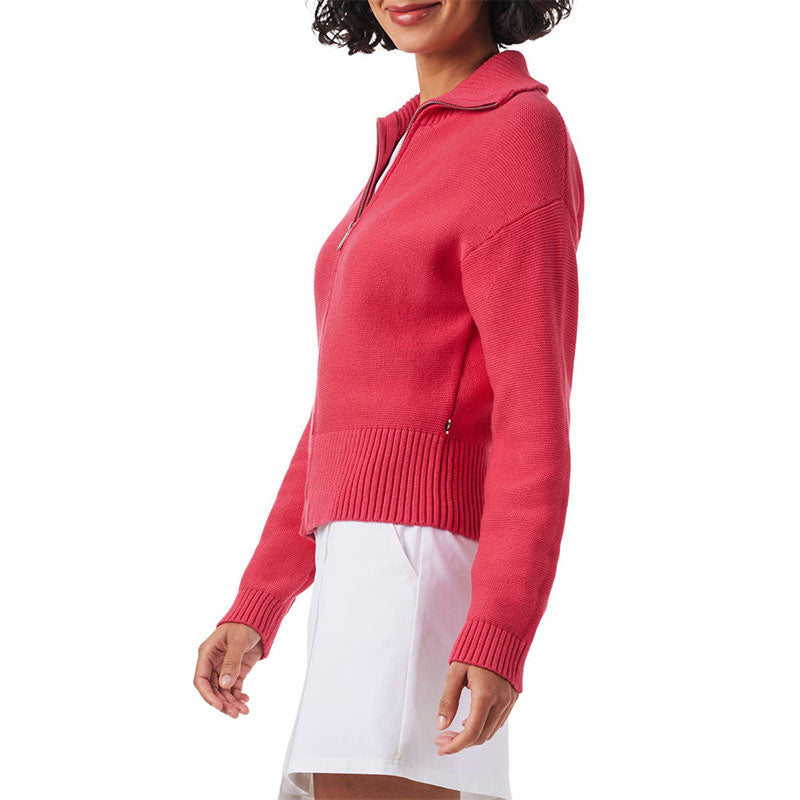 Side view of a custom 100% cotton zip-up knit cardigan in a vibrant pink color, showcasing the relaxed fit and ribbed hem.