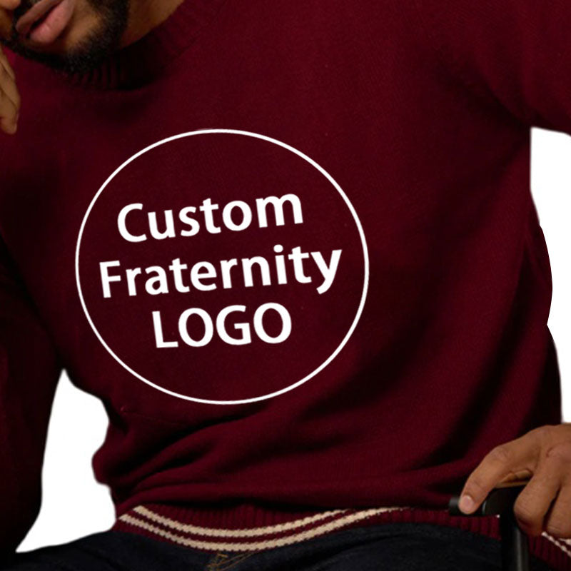 Close-up view of custom fraternity knit sweater with large logo embroidery on the chest. Available for bulk production