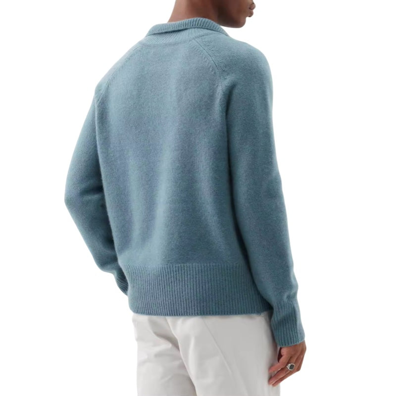 Back view of a blue 100% cotton premium quality men’s knit pullover sweater with ribbed cuffs and hem