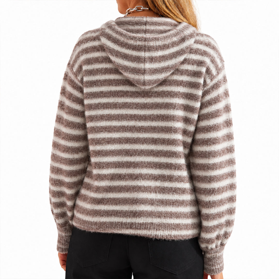 Women's horizontal stripe knit pullover with long sleeves and ribbed hem